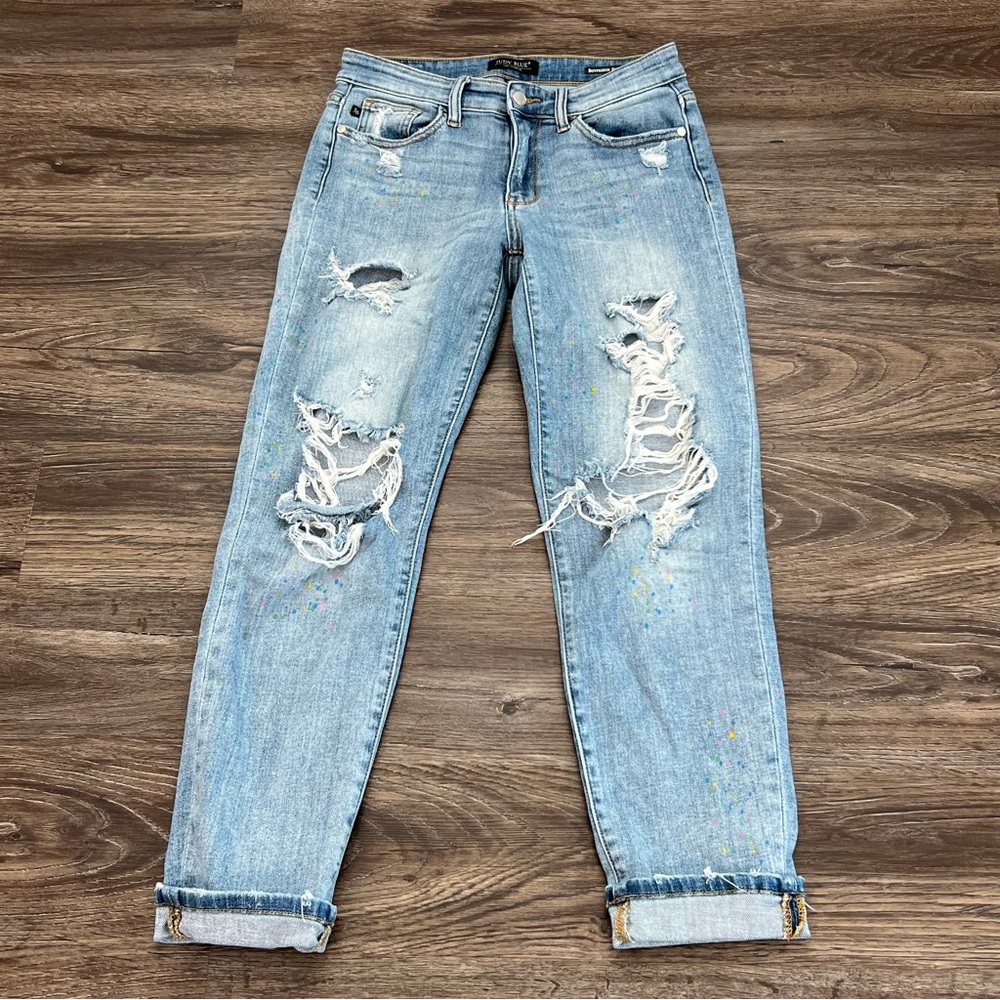 Judy Blue Multi‎ Color Plaint Splash Distressed 3/26 Boyfriend Fit Jeans